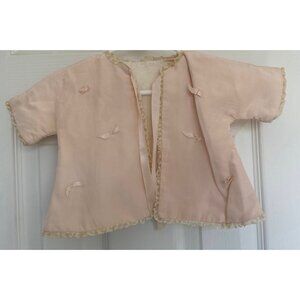 Vtg Pink Baby Jacket Julius Berger & Co. 1950's White Lace Edging Pink Ties